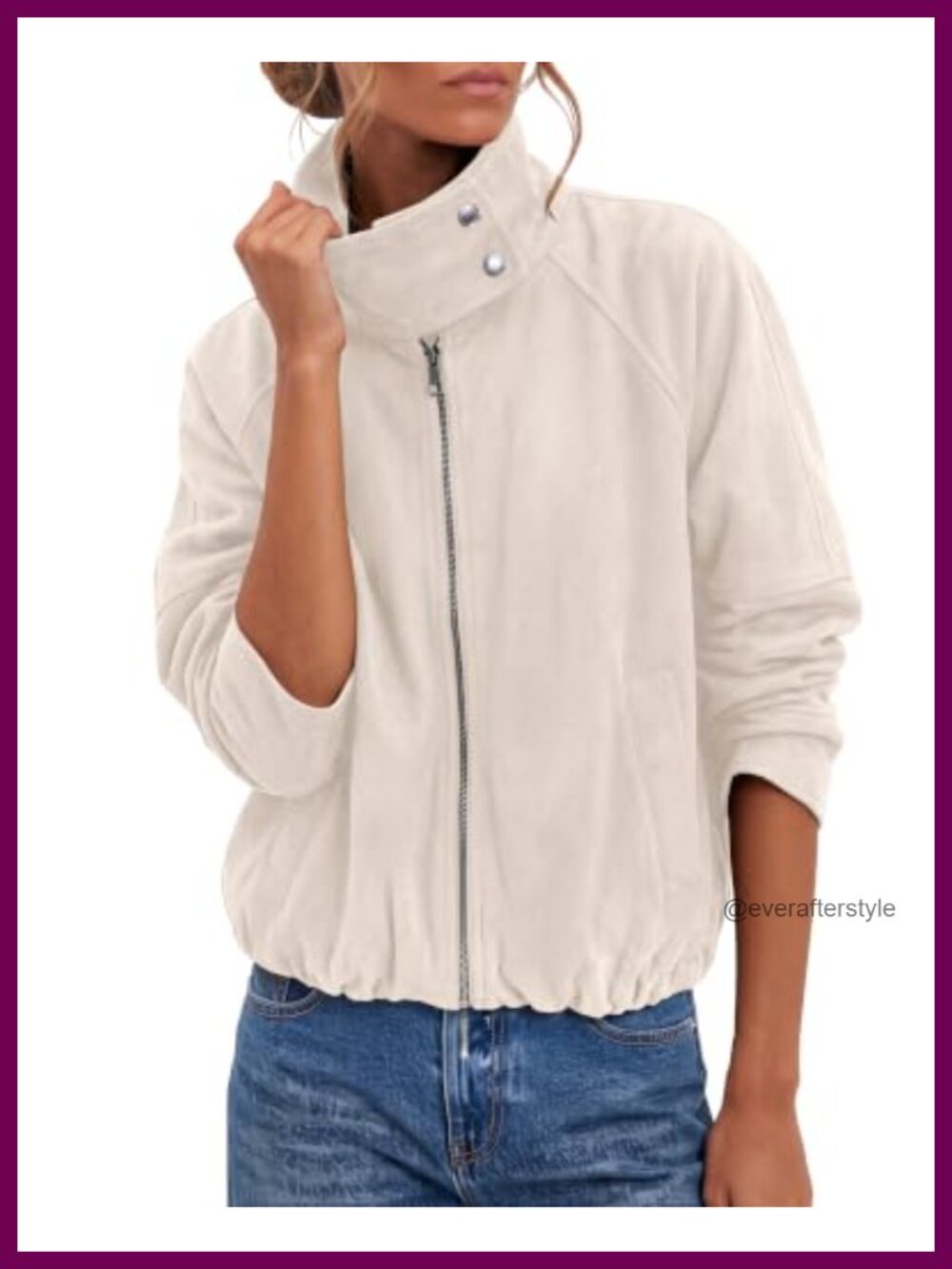 Faux Suede Cropped Funnel Neck Zip Up Casual Jacket